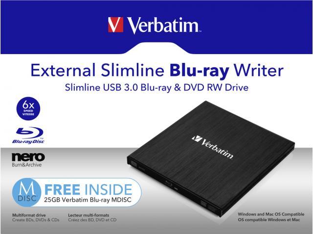 Unitate optica externa Verbatim Slimline 43890, Blu-ray Writer, USB 3.0, M-DISC, Black