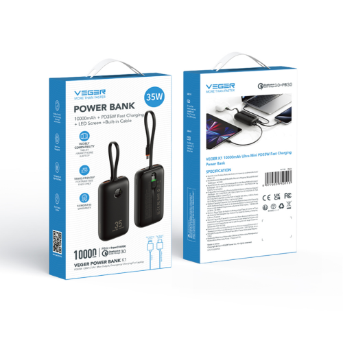 Baterie portabila Veger W1188, 1 x USB-C, 1 x USB-A, 10000 mAh, 5 V, 2 A, 35 W, Black