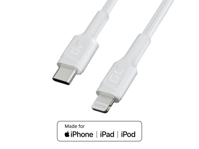 White USB-C - Lightning MFi 1m cable for Apple iPhone Green Cell PowerStream, with Power Delivery fast charging